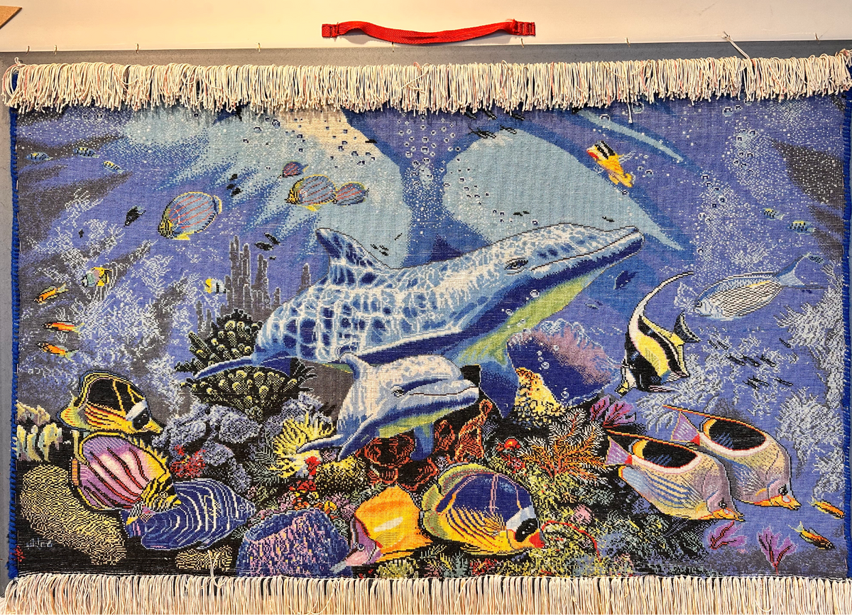 イスタンブール購入 ペルシャ絵画 騎馬戦闘シーン（モザイク画） ペルシャ絵画絨毯 [絨毯]59×97cm [額込]80×106cm 手織り イルカ (PPC