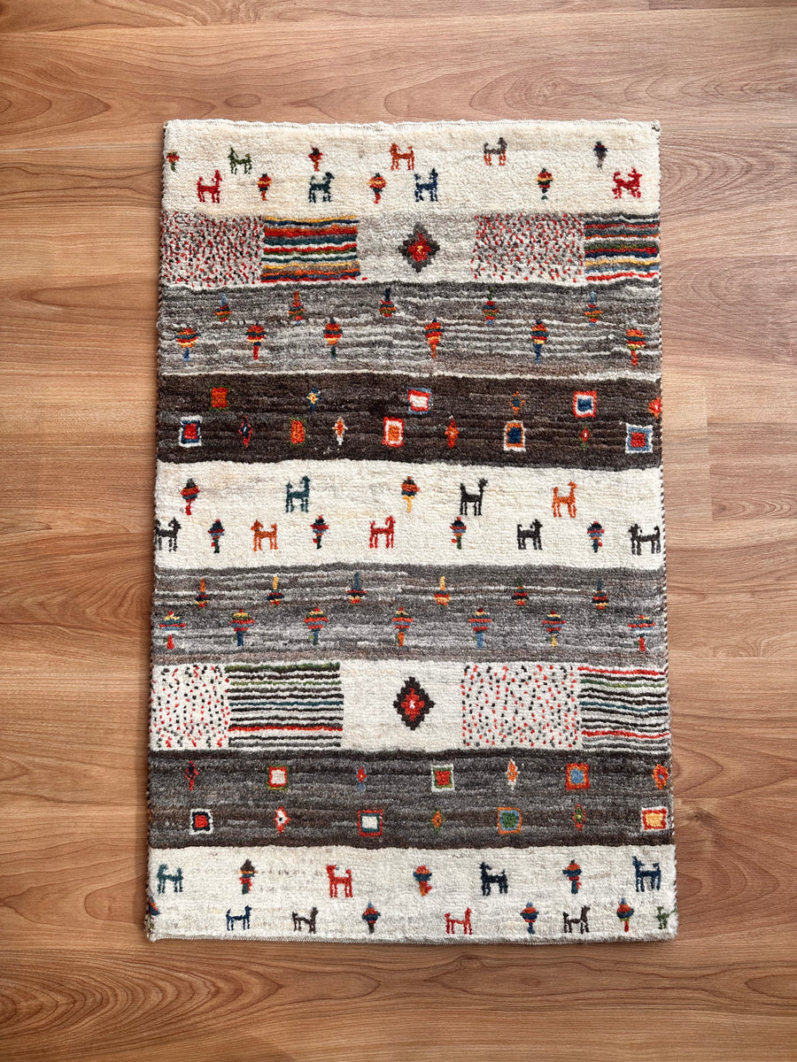 ギャッベ 玄関マット サイズ 93×58cm 生命の樹 鹿 四角 白 (GD