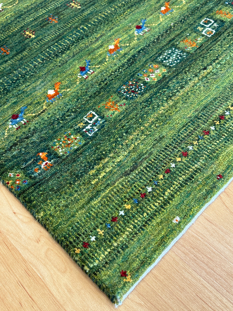 ギャッベ 玄関マットサイズ 102×66cm 手織り 緑 (GD-5021)