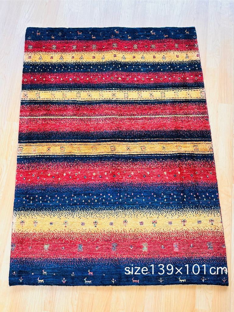 ギャッベ ランナーキッチンマットサイズ 139×101cm 手織り 紺【返品保証】(GK-5150)