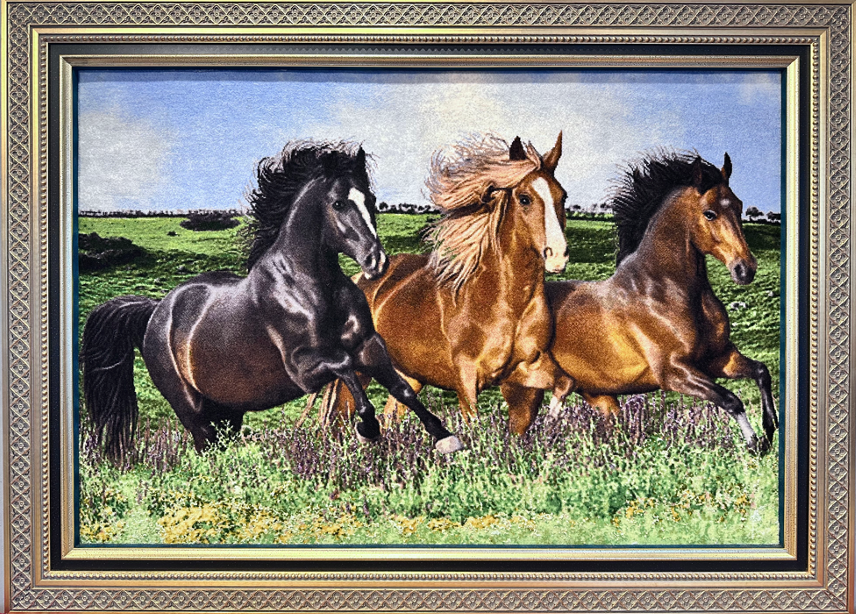 ペルシャ絵画絨毯 [絨毯]99×68cm [額込]115×83cm 手織り馬(PPC-0081