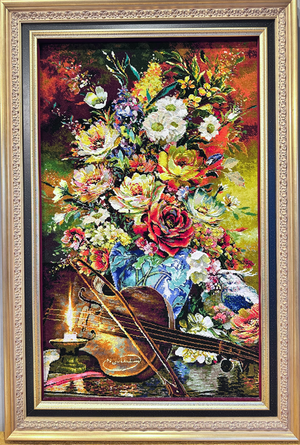 ✨NEW✨ペルシャ絵画絨毯 [絨毯]78×47cm [額込]89×60cm 手織り花とバイオリン(PPC-0082)