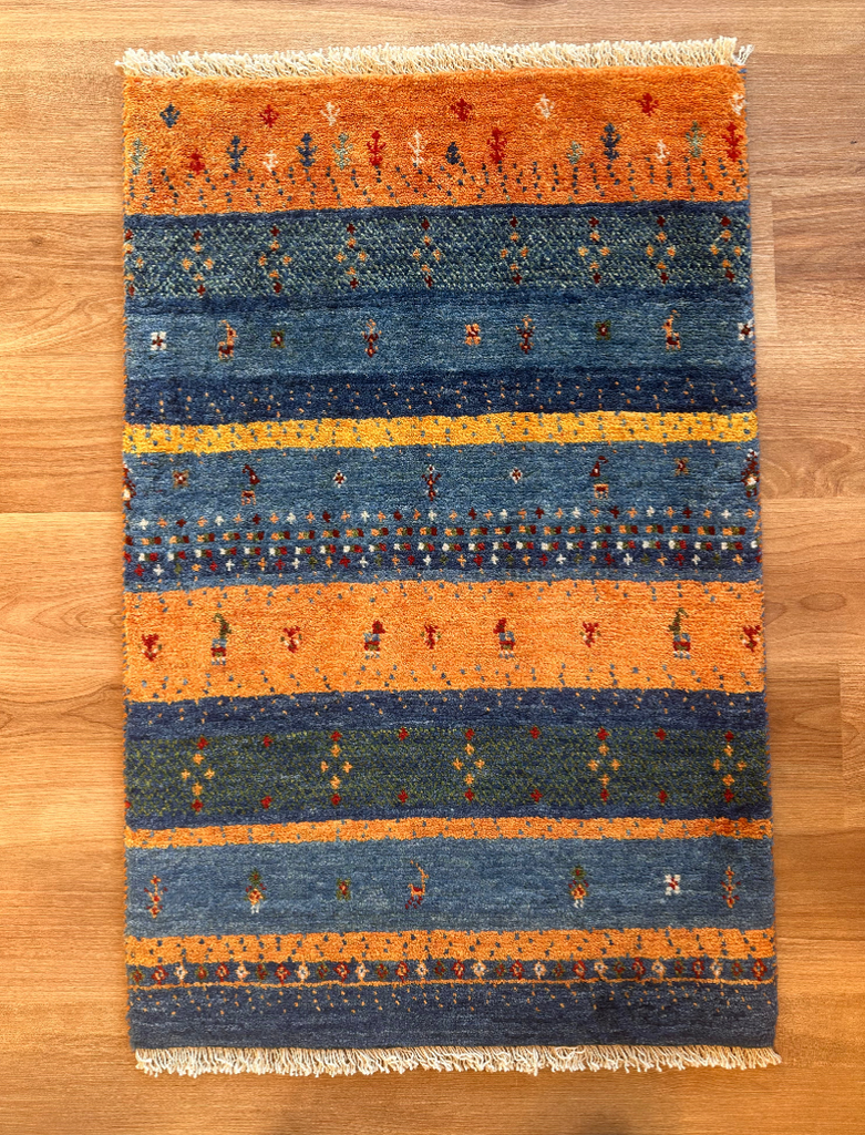 ギャッベ 玄関マット サイズ 92×59cm 生命の樹 鹿 花 青 (GD-5175)