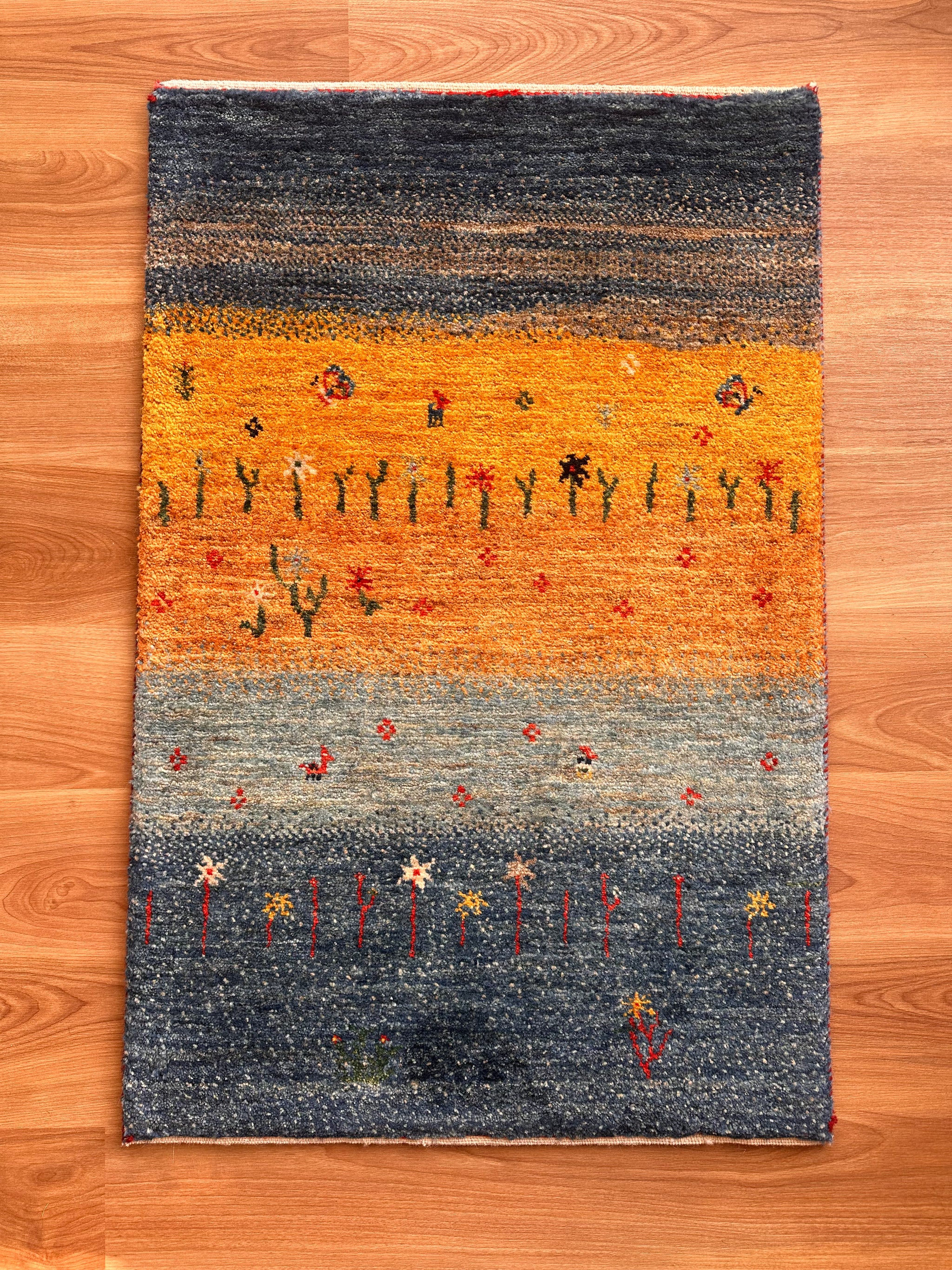 ギャッベ 玄関マット サイズ 99×63cm 生命の樹 鹿 花 青(GD-5239