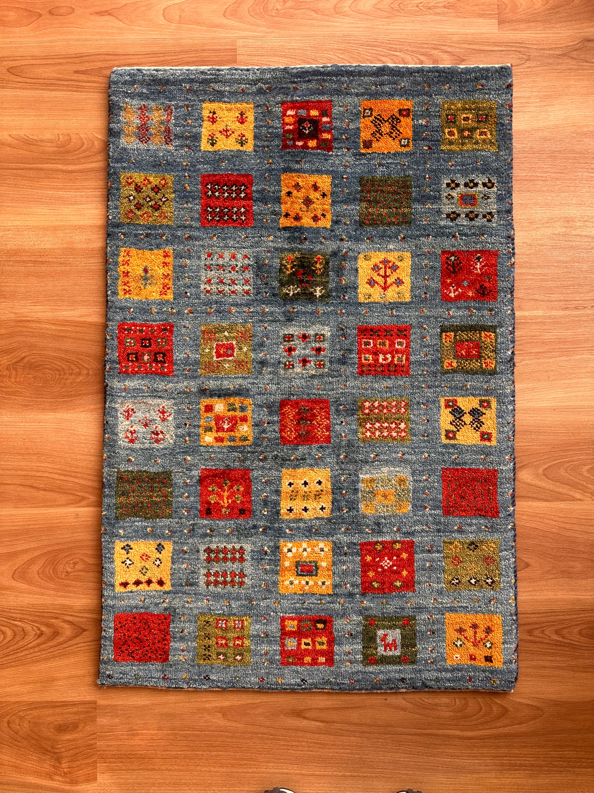 ギャッベ 玄関マット サイズ 99×65cm 生命の樹 鹿 菱形青 (GD-5237