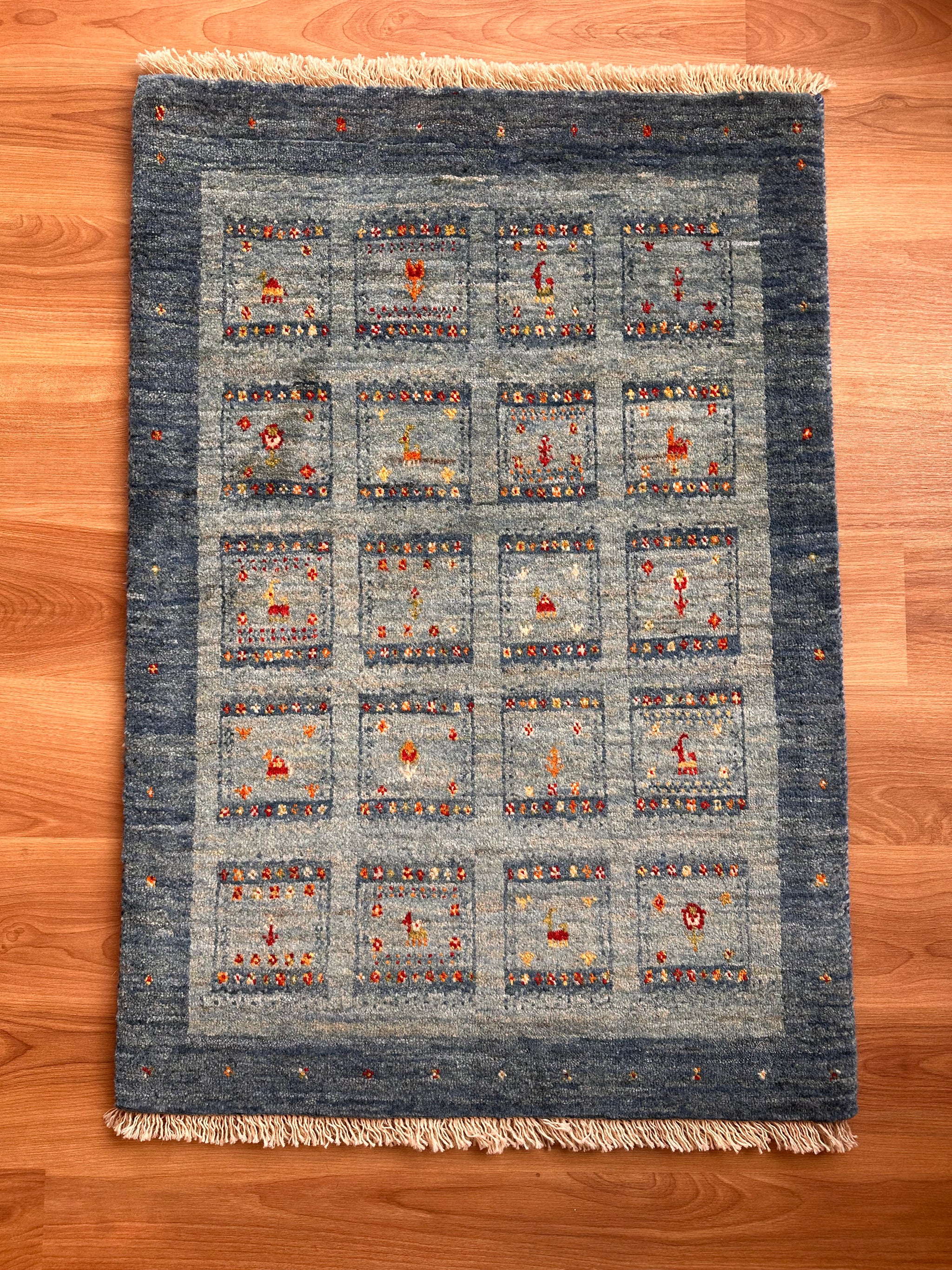 ギャッベ 玄関マット サイズ 99×62cm 生命の樹 鹿 花 青 (GD-5233