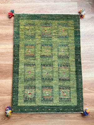 ギャッベ  玄関マット サイズ 96×66cm 生命の樹 鹿 花 緑(GD-5211)