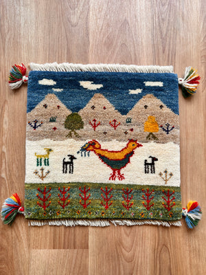 ギャッベ 座布団サイズ38×39cm 手織り生命の樹🌲ヤギ🐐鳥🪽 (GC-5611)