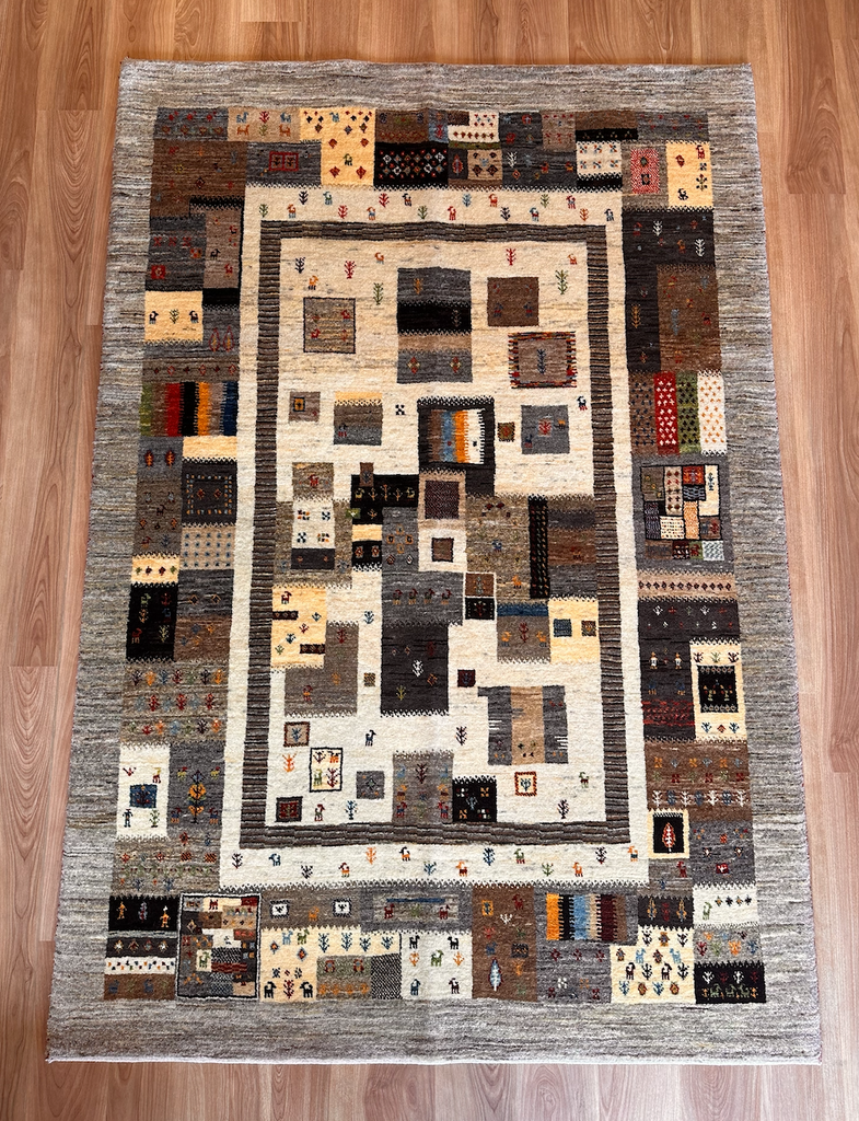 ギャッベ リビングサイズ 209×143cm 手織り グレー白(GL-6120)