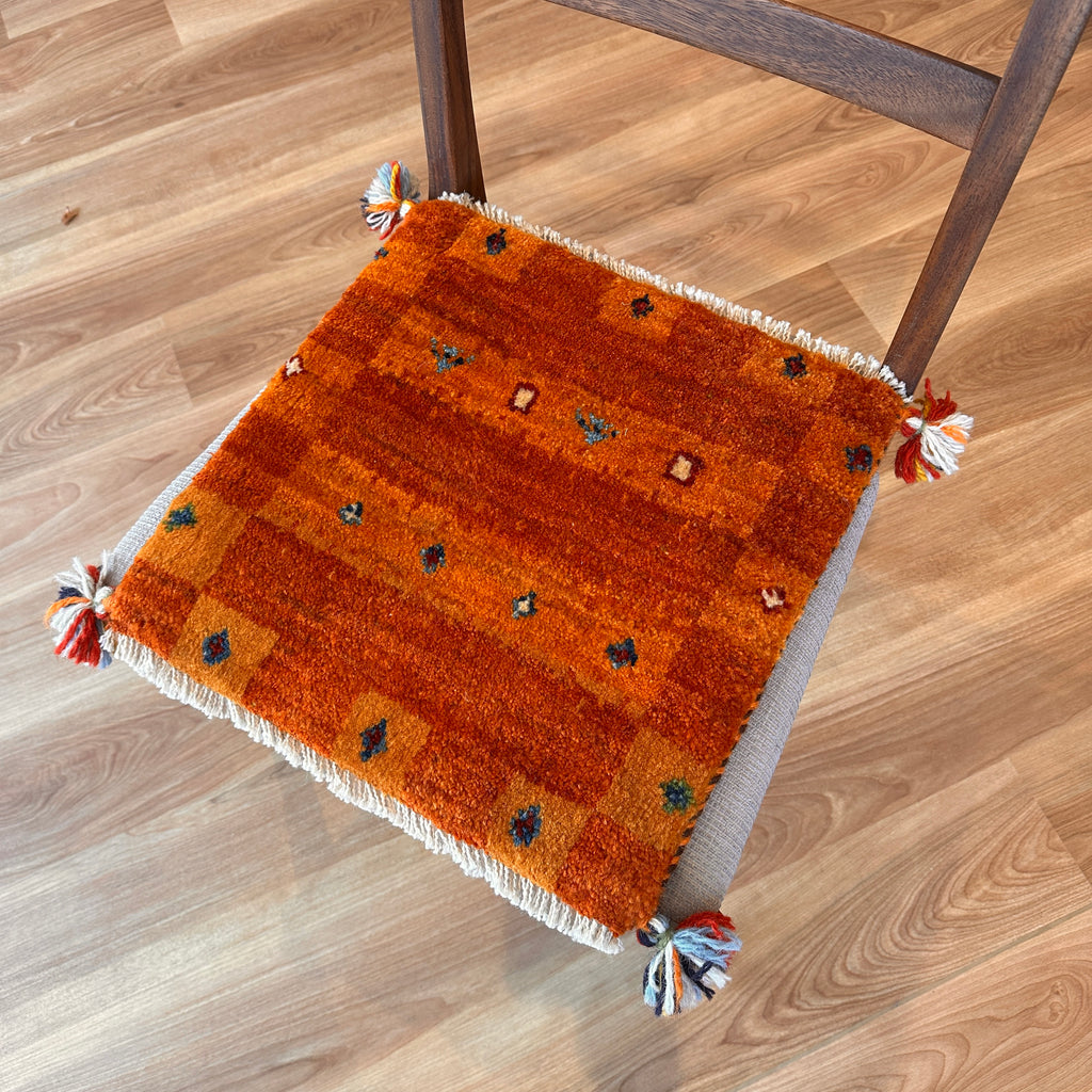 ギャッベ 座布団サイズ 40×39cm 手織り生命の樹 花 黄  (GC-5663)