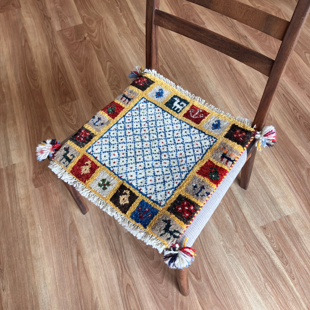 ギャッベ 座布団サイズ 39×40cm 手織り生命の樹 鹿 黄 (GC-5665)