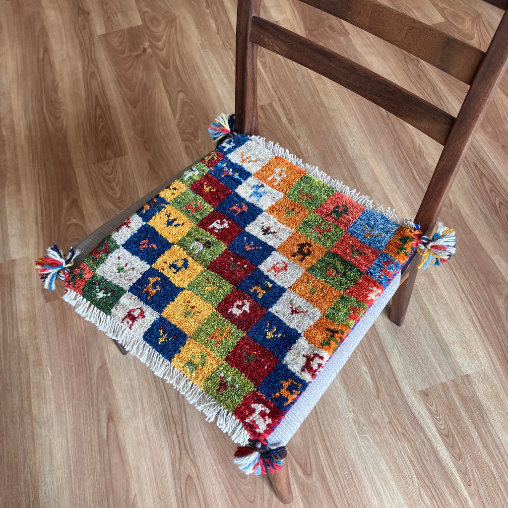 ギャッベ 座布団サイズ 39×39cm 手織り生命の樹 鹿 ミックス(GC-5669)