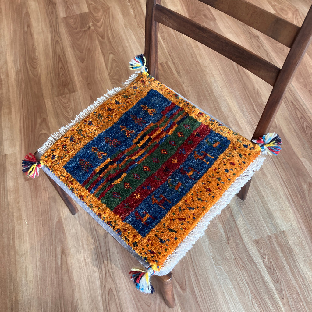 新着ギャッベ 座布団サイズ 40×39cm 手織り生命の樹 鹿 黄色(GC-5676)