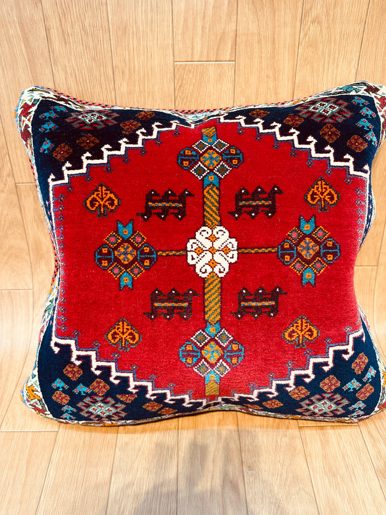 トライバルラグ 絨毯 クッション 座布団 52×57cm 手織り 赤【返品保証】(TR-5012)