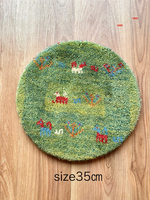 小ギャッベ 円形 座布団サイズ35cm 手織り 鹿生命の樹 緑【返品保証】(GCR-5314)
