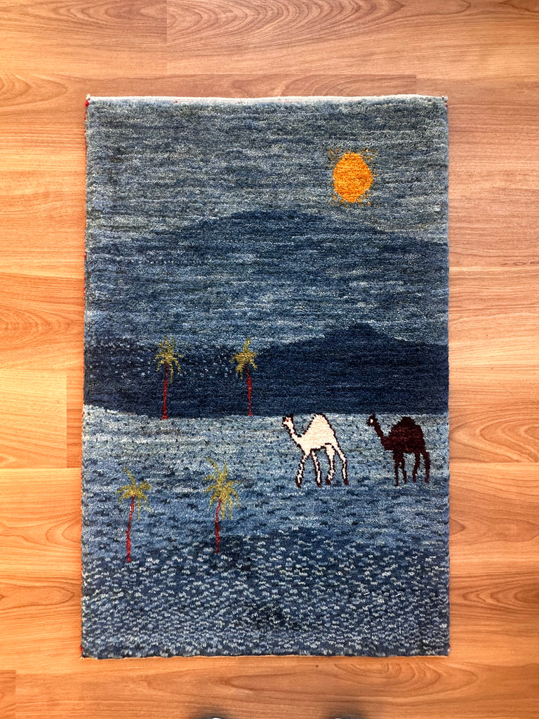 ギャッベ 玄関マット サイズ 85×55cm 生命の樹 ラクダ 青 (GD-5179)