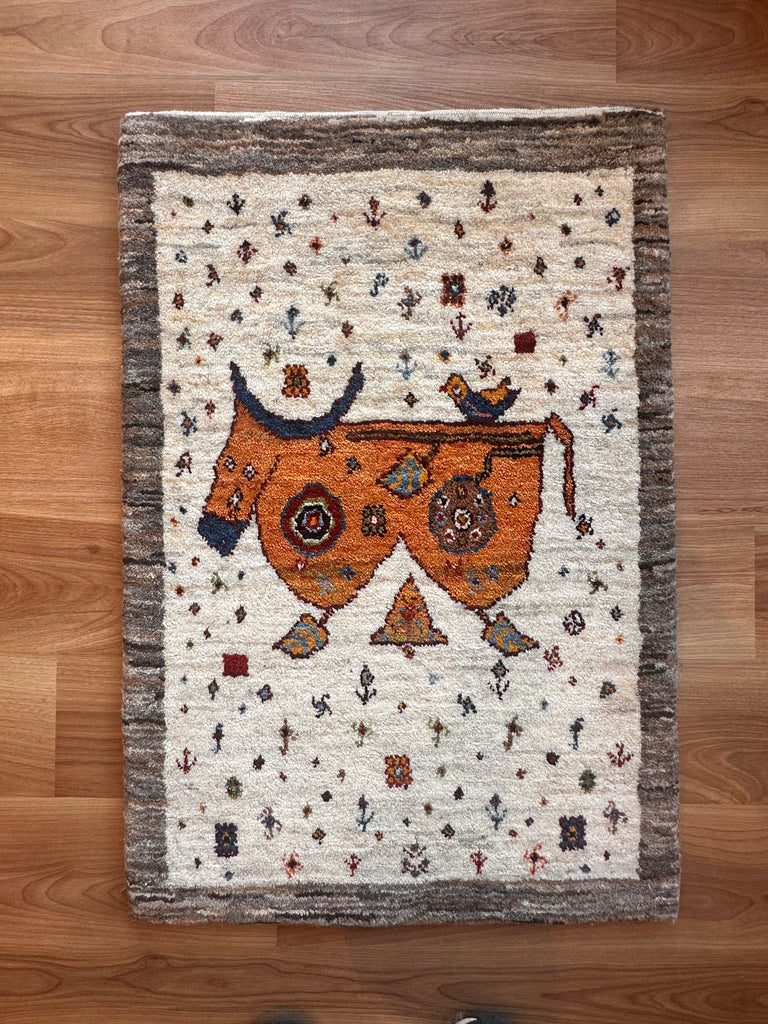 ギャッベ 玄関マット サイズ 84×57cm 生命の樹 四角 白(GD-5183)