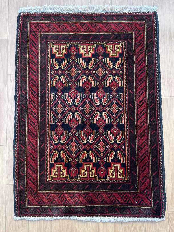 トライバルラグ（バルーチ） 84×60cm 手織り 赤 (BR-0088)