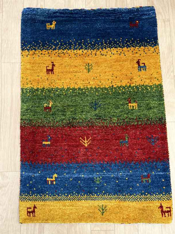 ギャッベ 玄関マットサイズ 89×60cm 手織り 青　黄色 (GD-0769)