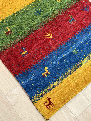 ギャッベ 玄関マットサイズ 89×60cm 手織り 青　黄色 (GD-0769)