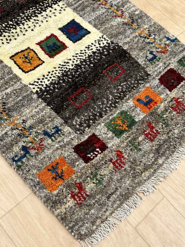 ギャッベ 玄関マットサイズ 85×51cm 手織り グレー (GD-0786)