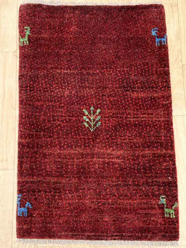 ギャッベ 玄関マットサイズ 88×57cm 手織り 赤 (GD-0788)