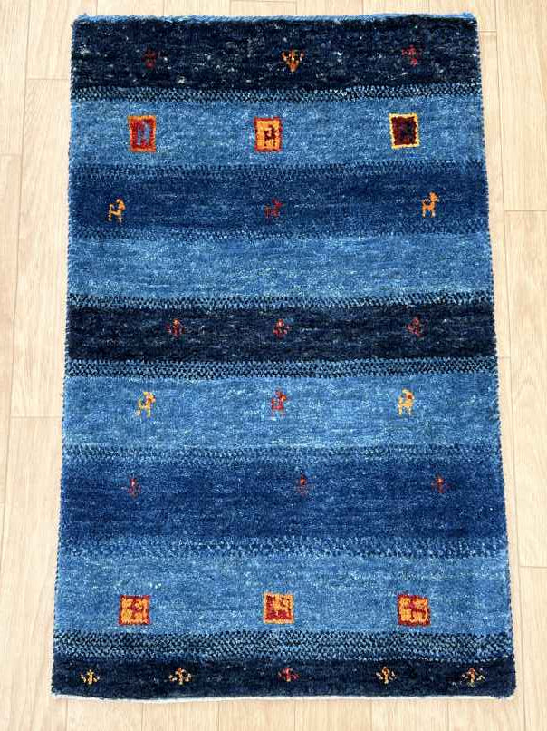 ギャッベ 玄関マットサイズ 88×55cm 手織り 青 (GD-0799)