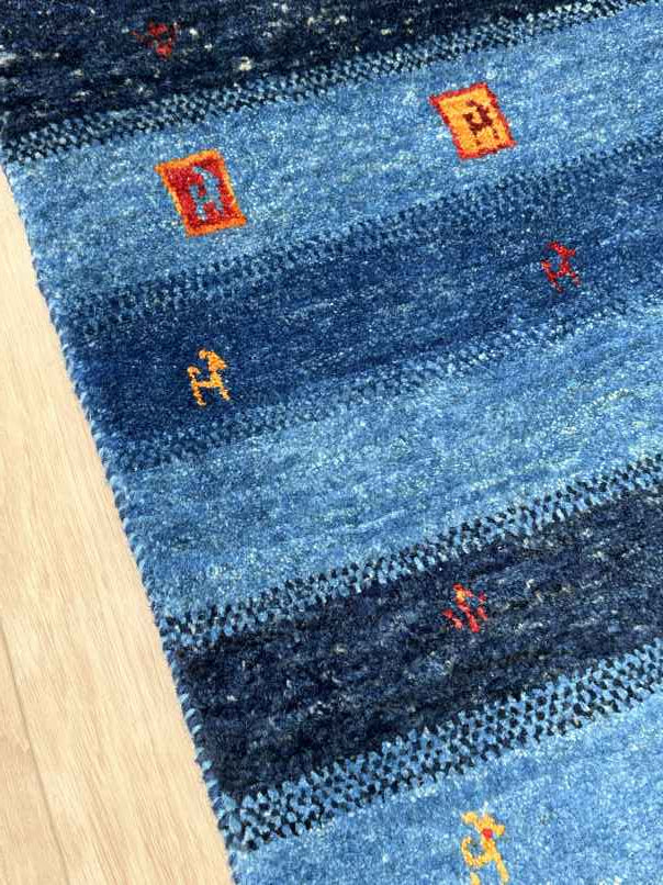 ギャッベ 玄関マットサイズ 88×55cm 手織り 青 (GD-0799)