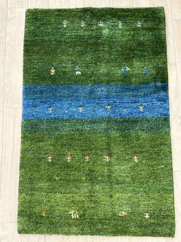 ギャッベ 玄関マットサイズ 95×60cm 手織り 緑(GD-0805)