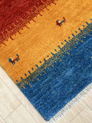ギャッベ 玄関マットサイズ 85×61cm 手織り 青　オレンジ(GD-0811)