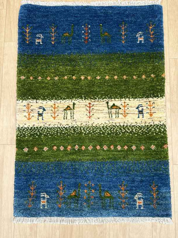 ギャッベ 玄関マットサイズ 90×63cm 手織り 青(GD-0814)