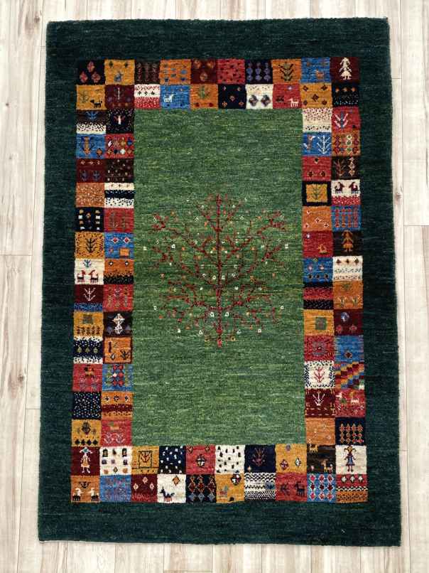 ギャッベ アクセントラグサイズ 127×82cm 手織り 緑 (GA-0271)２