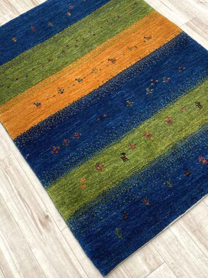 ギャッベ アクセントラグサイズ 124×88cm 手織り 青 緑 (GA-0293)
