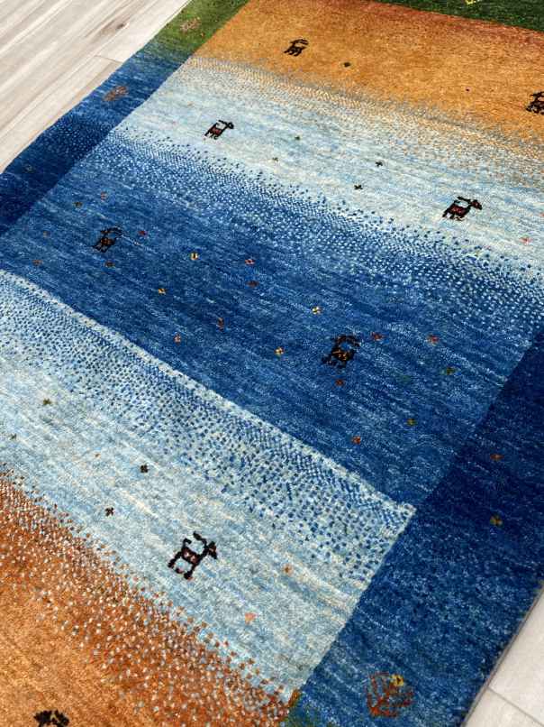 ギャッベ アクセントラグサイズ 120×80cm 手織り 黄色 青 緑 (GA-0304)４