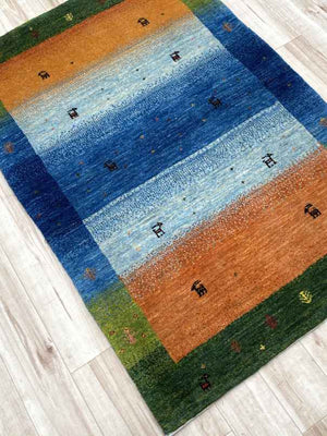 ギャッベ アクセントラグサイズ 120×80cm 手織り 黄色 青 緑 (GA-0304)