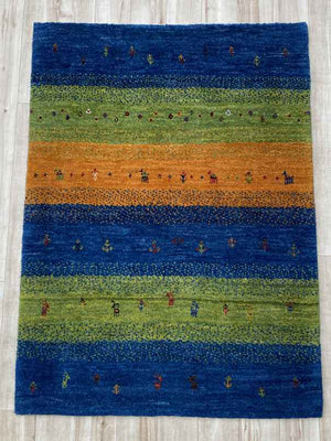 ギャッベ アクセントラグサイズ 119×87cm 手織り 青 緑 (GA-0383)２