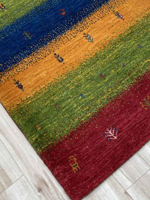 ギャッベ アクセントラグサイズ 120×86cm 手織り 赤 緑 ボーダー柄 (GA-0393)