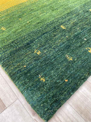 ギャッベ アクセントラグサイズ 149×99cm 手織り 緑 黄色 (GA-0468)