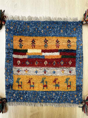 ギャッベ 座布団サイズ 39×38cm 手織り　青　黄色 (GC-0874)