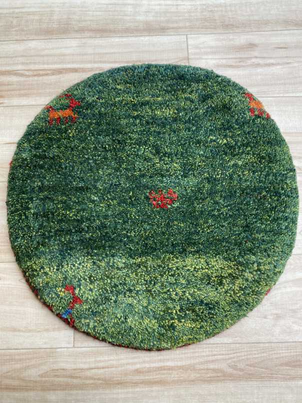 ギャッベ 円形 座布団サイズ 直径40cm 手織り 緑 (GCR-0147)