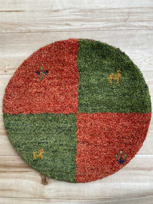 ギャッベ 円形 座布団サイズ 直径39cm 手織り 赤 緑 (GCR-0163)