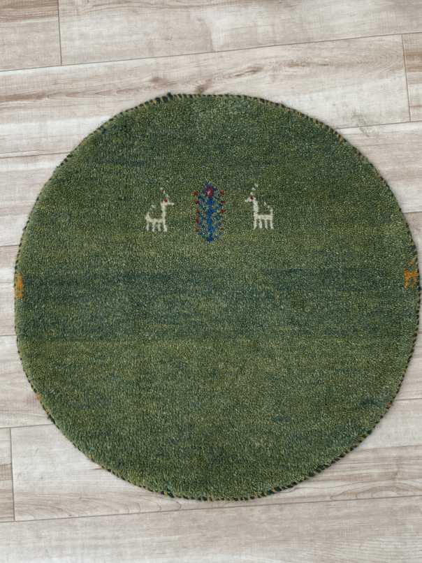 ギャッベ 円形 座布団サイズ 直径50cm 手織り 緑 (GCR-0328)