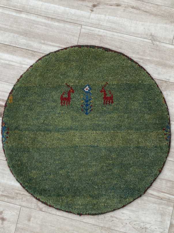 ギャッベ 円形 座布団サイズ 直径50cm 手織り 緑 (GCR-0332)