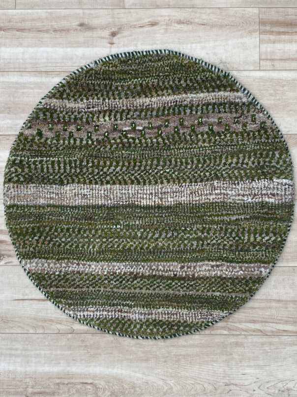 ギャッベ 円形 座布団サイズ 直径50cm 手織り 緑 グレー (GCR-0343)