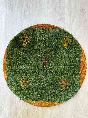ギャッベ 円形 座布団サイズ 直径31cm 手織り 緑 (GCR-0478)