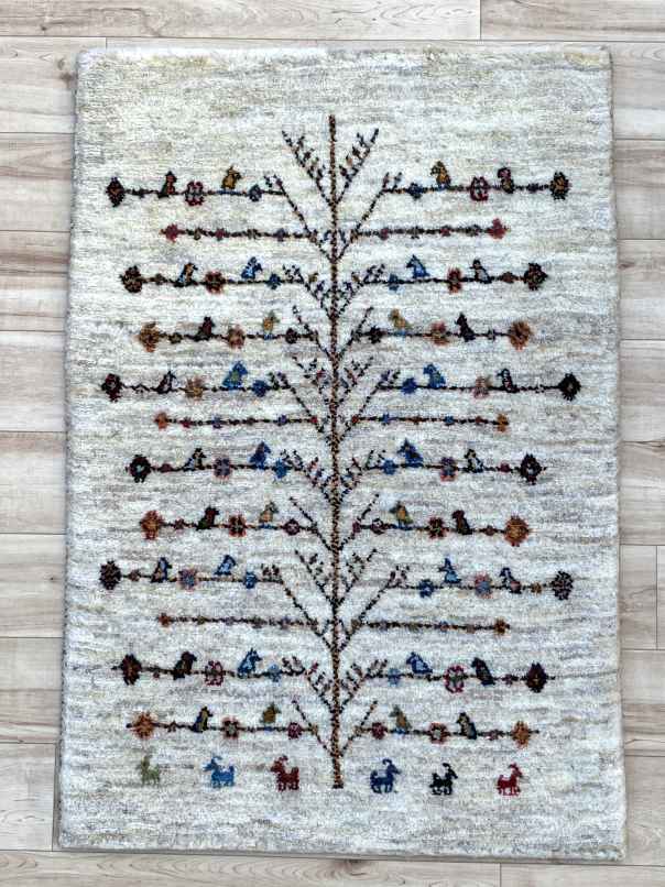 ギャッベ 玄関マットサイズ 88×61cm 手織り 白 ライトグレー (GD-0356)２