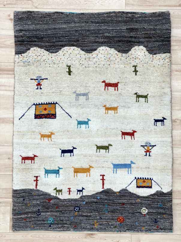 ギャッベ 玄関マットサイズ 89×59cm 手織り 白 グレー (GD-0370)２