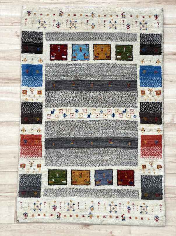 ギャッベ 玄関マットサイズ 100×67cm 手織り グレー 白 (GD-0373)２