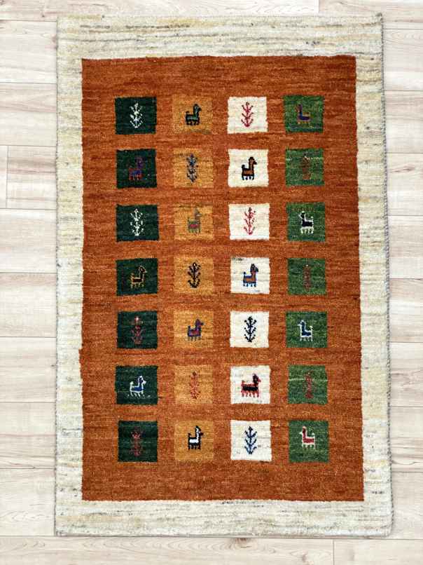 ギャッベ 玄関マットサイズ 92×59cm 手織り ブラウン (GD-0390)２
