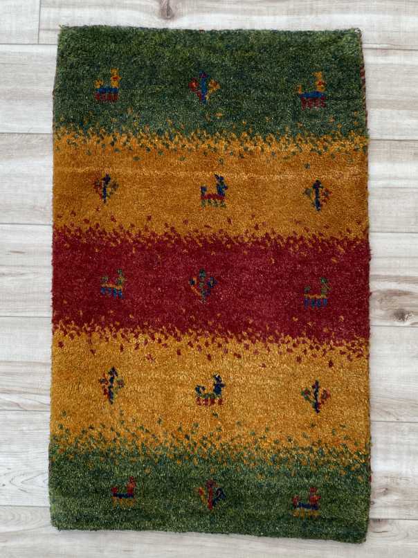 ギャッベ 玄関マットサイズ 61×38cm 手織り 黄色 緑 (GD-0428)2